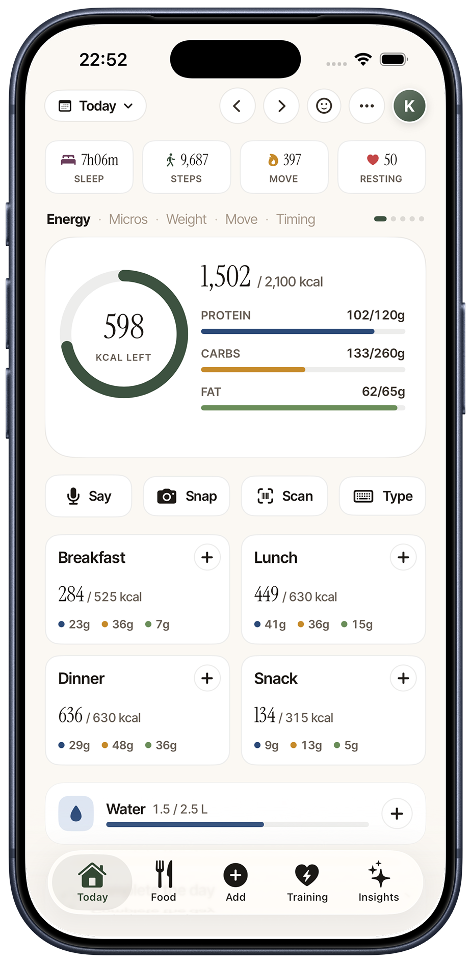 Kalos daily nutrition dashboard