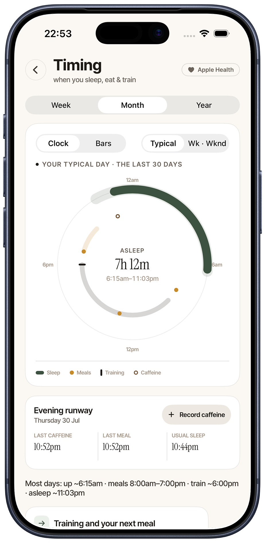 Kalos timing view showing sleep, meals, training and caffeine