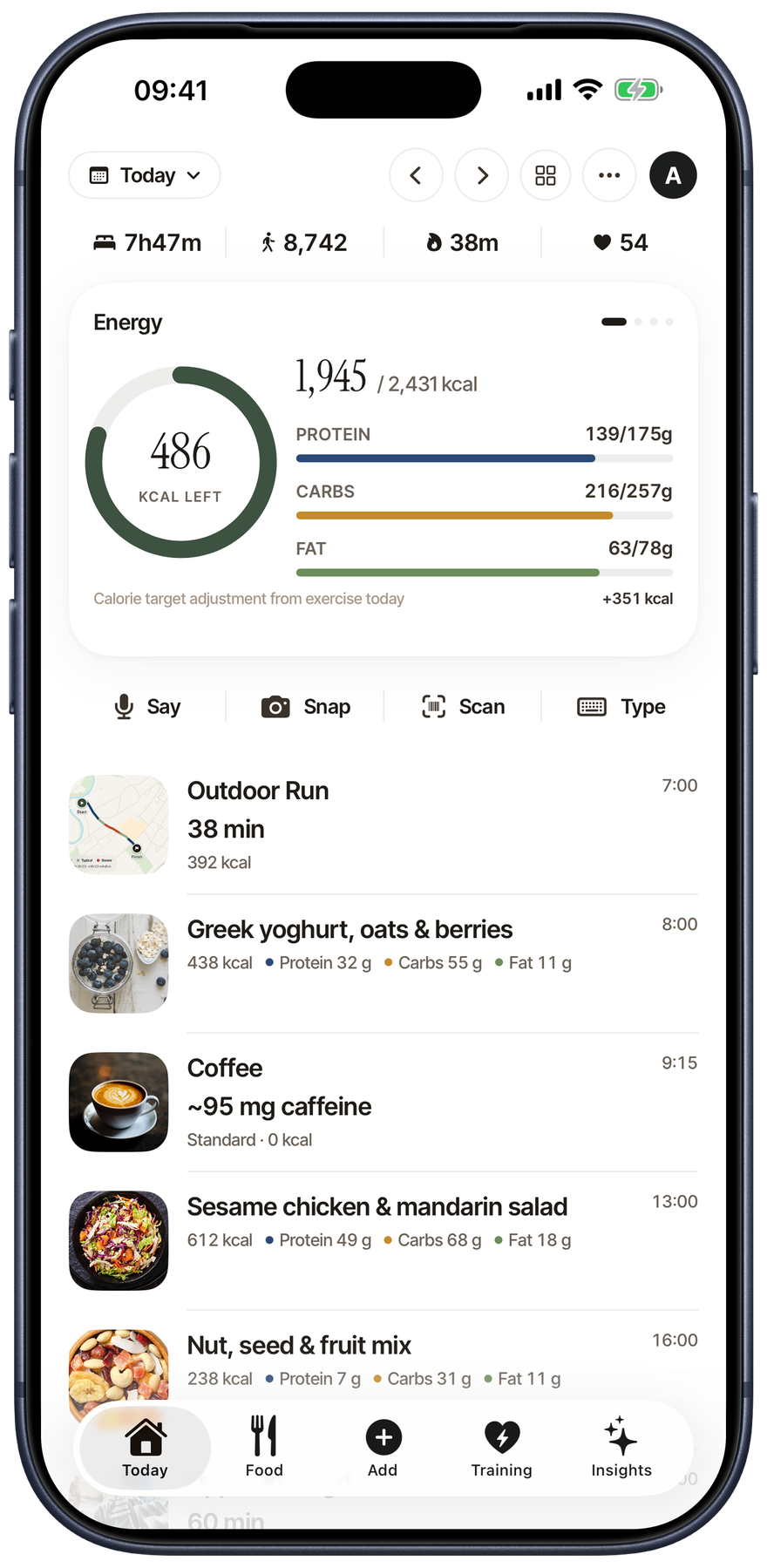 Metrigram daily Home with nutrition progress, meals and activity