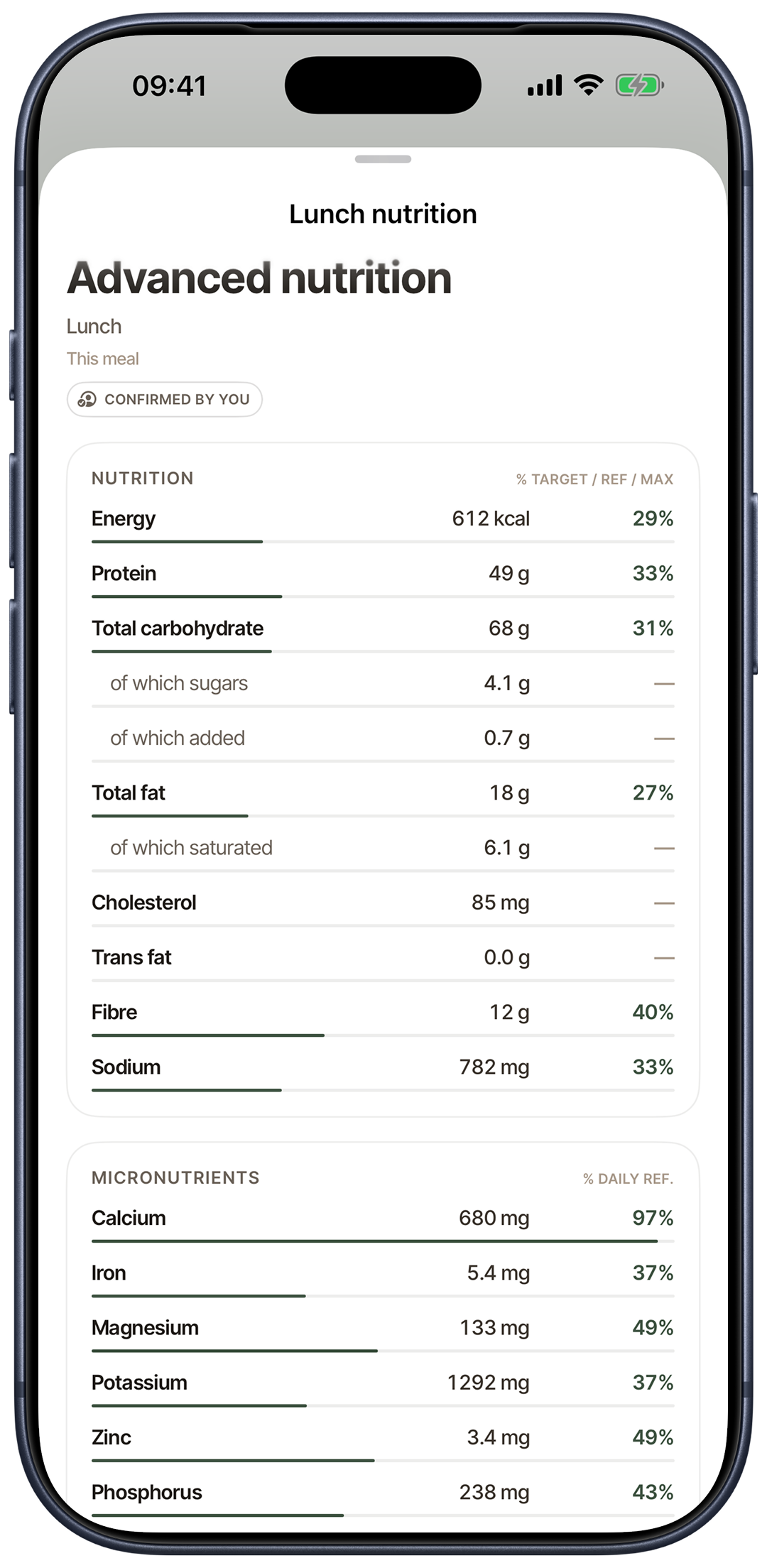 Metrigram advanced meal nutrition showing macros, vitamins and minerals