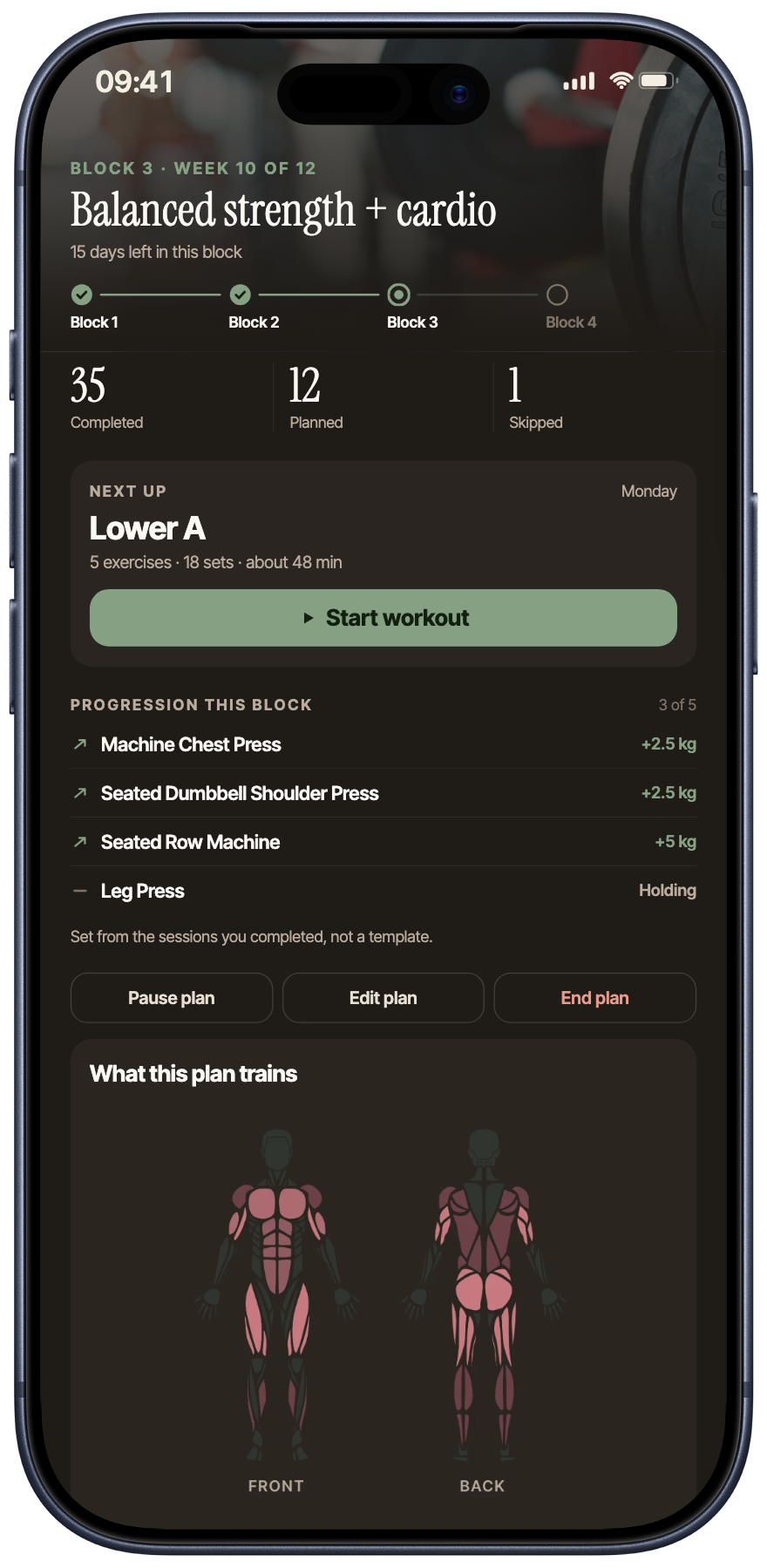 Metrigram personal training plan with progression and muscle map
