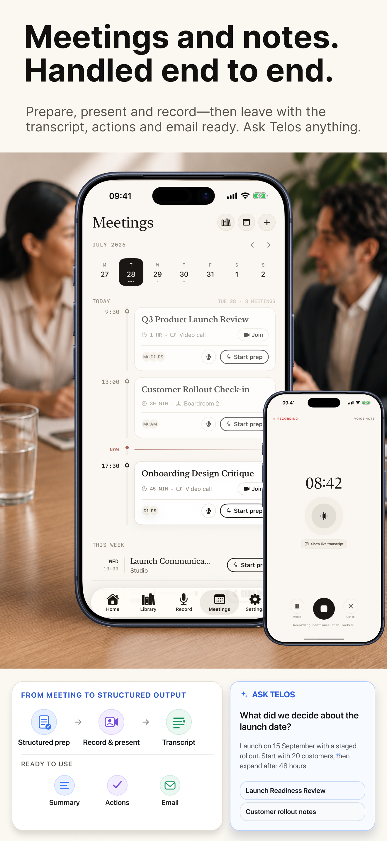Telos Note meeting schedule, voice recording and meeting outputs on iPhone